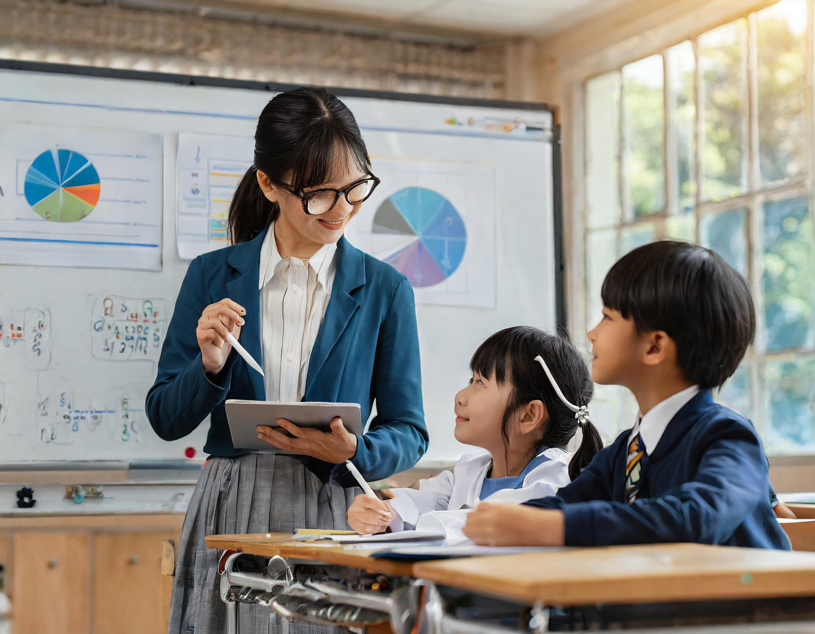 小学生に対して授業をする女性教師の画像